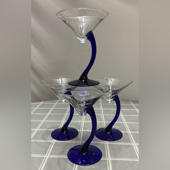 Libbey Dining Vintage Libbey Cobalt Blue Curved Stem Martini Glass Cocktail Set Of 4 Glasses